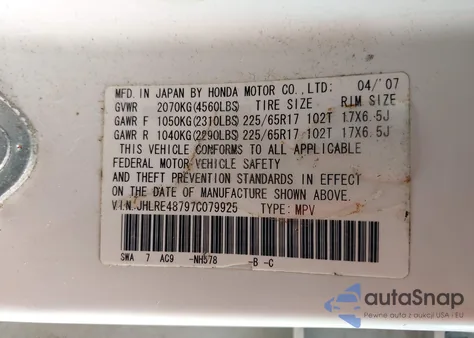 2007 Honda Cr-V Ex-L z USA, uszkodzony, nr VIN JHLRE48797C079925